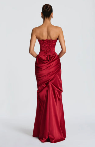 Deep Red Maxi Dress with Lace-Up Back and Elegant Draped Train