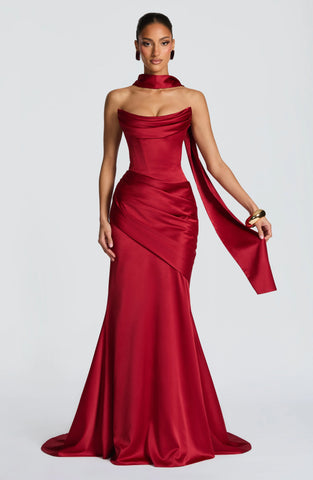 Deep Red Maxi Dress with Lace-Up Back and Elegant Draped Train