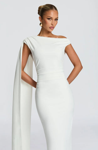 Elegant Ivory Maxi Dress with Asymmetric Pleating and Back Split
