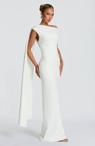 Elegant Ivory Maxi Dress with Asymmetric Pleating and Back Split