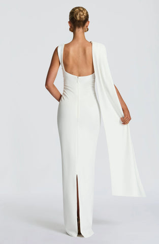 Elegant Ivory Maxi Dress with Asymmetric Pleating and Back Split