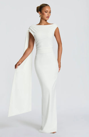 Elegant Ivory Maxi Dress with Asymmetric Pleating and Back Split