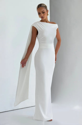 Elegant Ivory Maxi Dress with Asymmetric Pleating and Back Split