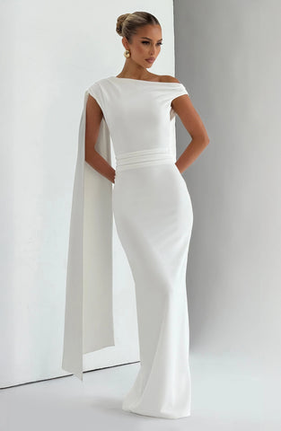 Elegant Ivory Maxi Dress with Asymmetric Pleating and Back Split
