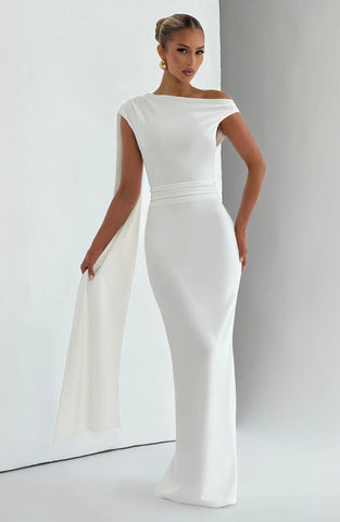 Elegant Ivory Maxi Dress with Asymmetric Pleating and Back Split