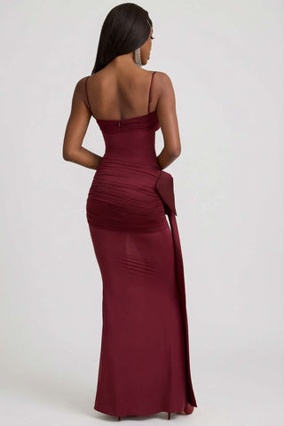 Statement Satin Maxi Dress with Sheer Panels & Oversized Bow for Festive Parties