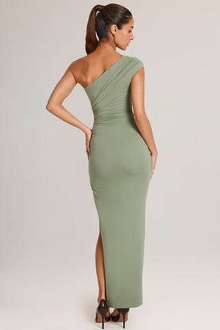 Asymmetric One-Shoulder Maxi Dress with Ruching and Thigh-High Split
