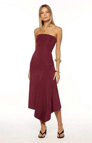 Plum Strapless Asymmetrical Midi Dress for Sophisticated Evenings