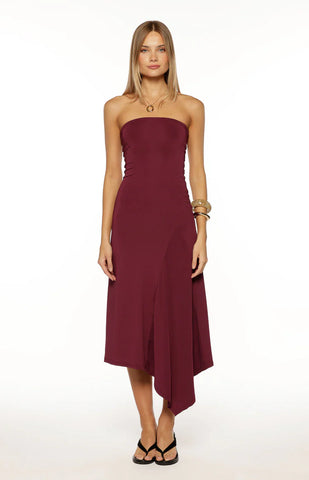 Plum Strapless Asymmetrical Midi Dress for Sophisticated Evenings