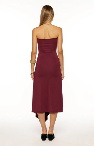 Plum Strapless Asymmetrical Midi Dress for Sophisticated Evenings
