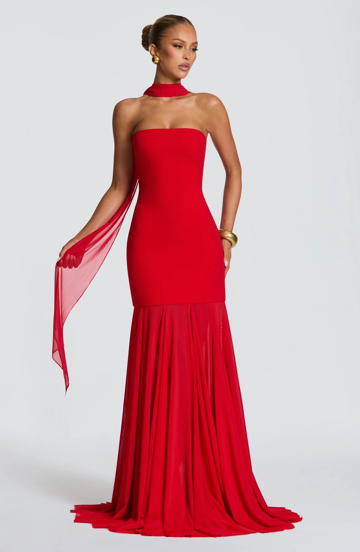 Elegant Strapless Red Gown with Flowing Godet Skirt for Special Occasions