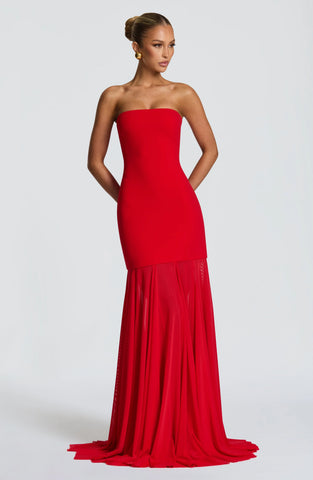 Elegant Strapless Red Gown with Flowing Godet Skirt for Special Occasions
