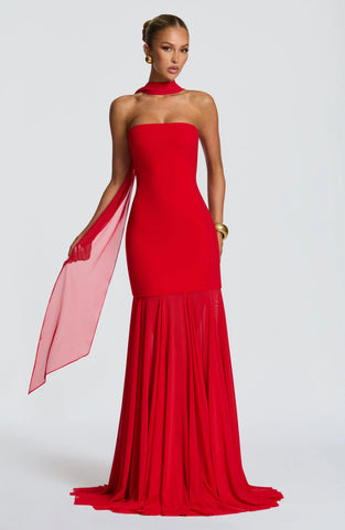 Elegant Strapless Red Gown with Flowing Godet Skirt for Special Occasions