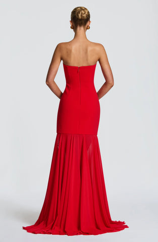 Elegant Strapless Red Gown with Flowing Godet Skirt for Special Occasions