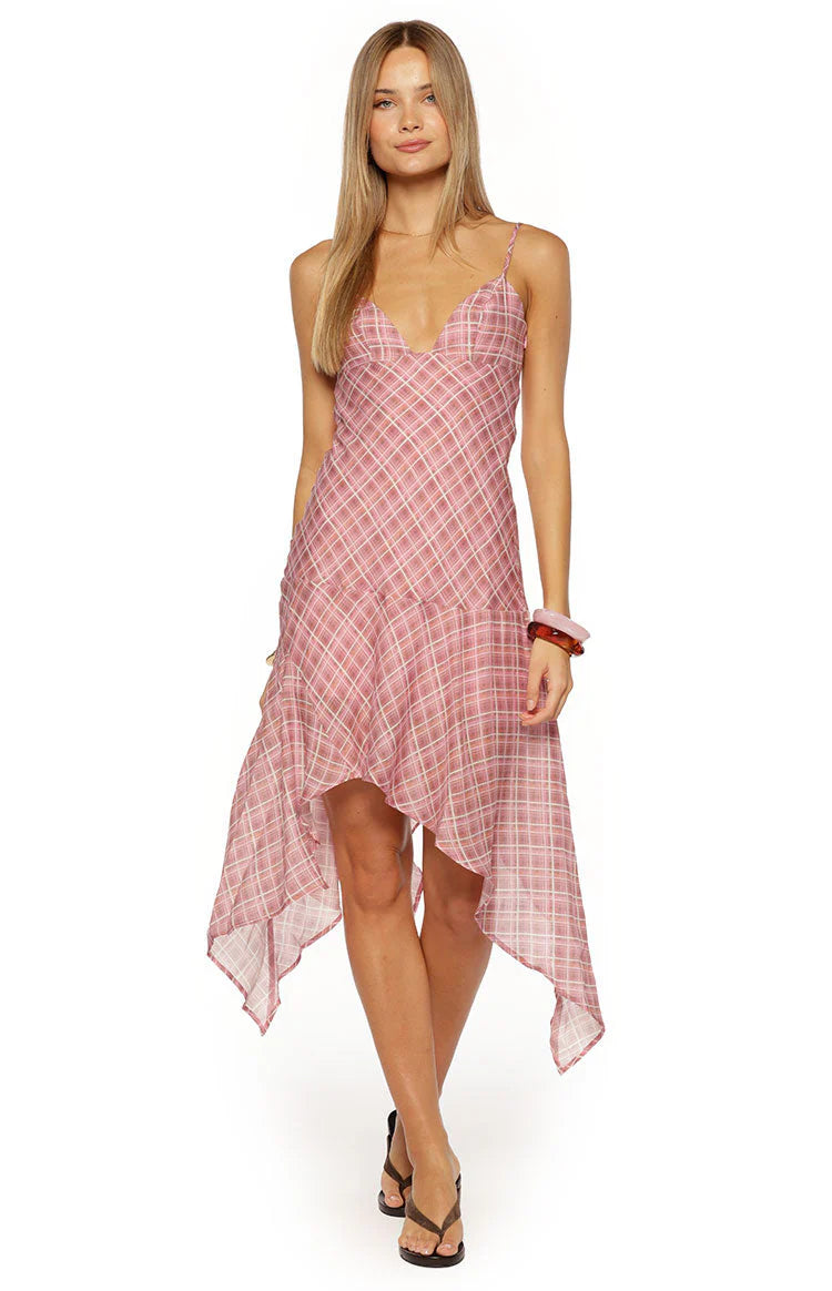 Romantic Pink Plaid Chiffon Midi Dress with Hanky Hem