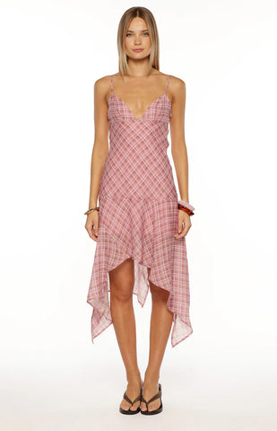Romantic Pink Plaid Chiffon Midi Dress with Hanky Hem