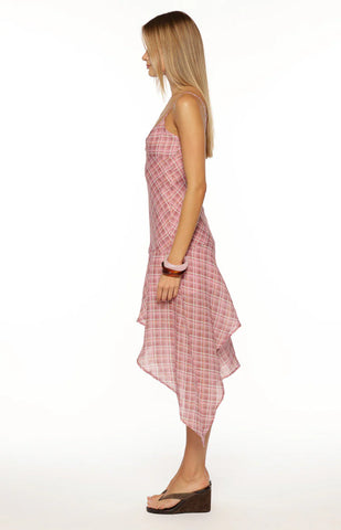 Romantic Pink Plaid Chiffon Midi Dress with Hanky Hem