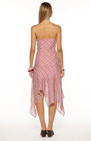 Romantic Pink Plaid Chiffon Midi Dress with Hanky Hem