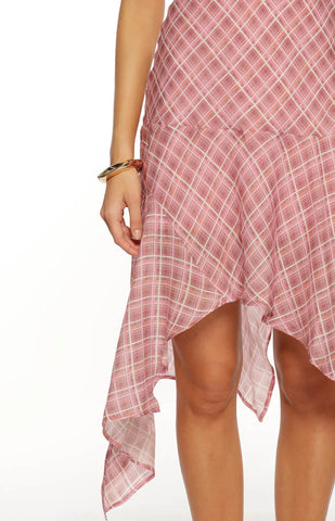 Romantic Pink Plaid Chiffon Midi Dress with Hanky Hem