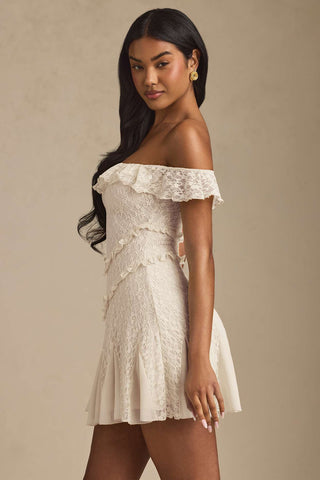 Off-Shoulder Lace Mini Dress with Godet Pleats for Effortless Romance