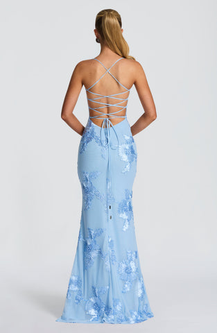 Elegant Glacier Blue Maxi Dress with Corset Lace-Up Back