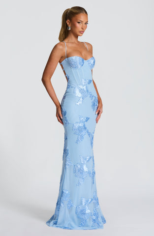 Elegant Glacier Blue Maxi Dress with Corset Lace-Up Back