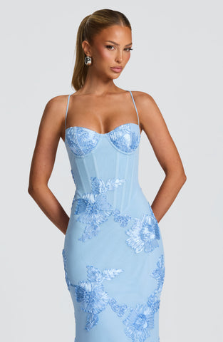 Elegant Glacier Blue Maxi Dress with Corset Lace-Up Back