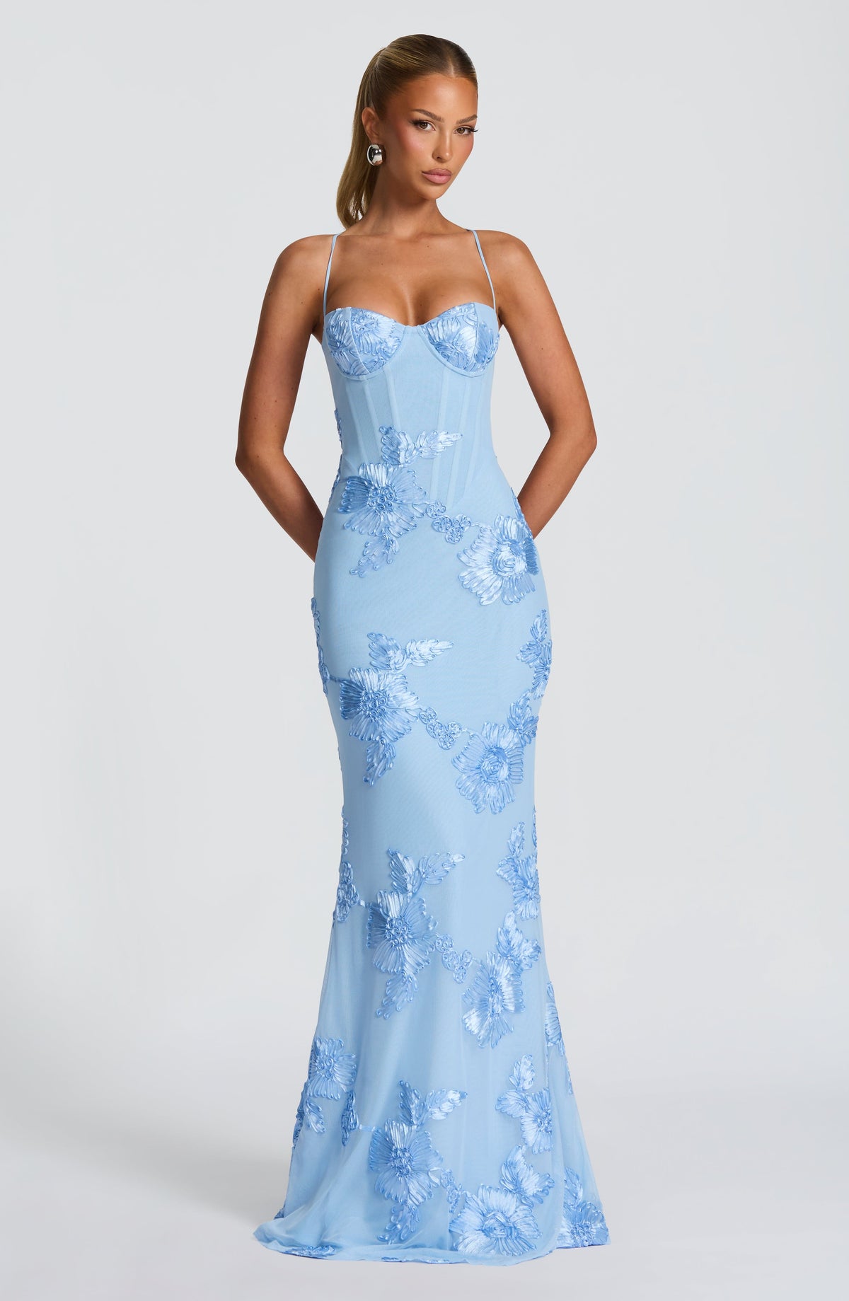 Elegant Glacier Blue Maxi Dress with Corset Lace-Up Back