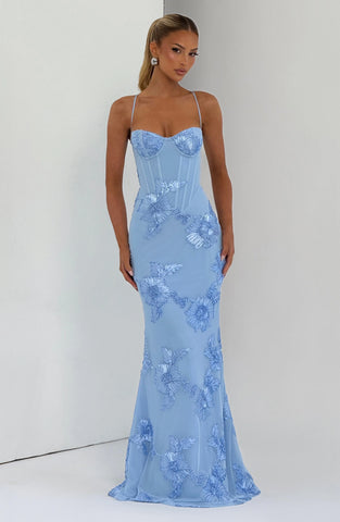 Elegant Glacier Blue Maxi Dress with Corset Lace-Up Back