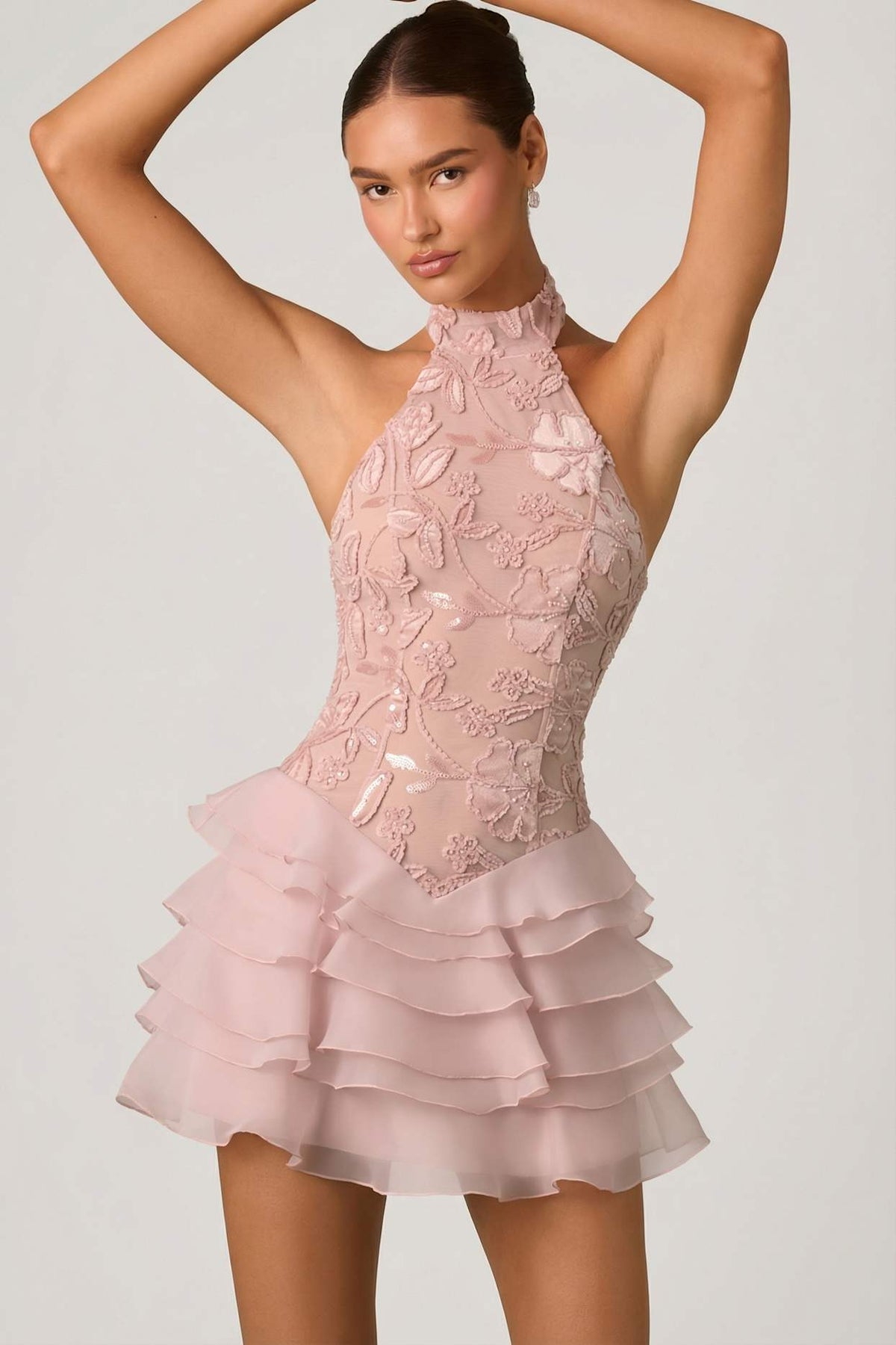 Flocked Floral Sequin Mini Dress with Sheer Tiered Ruffle Skirt