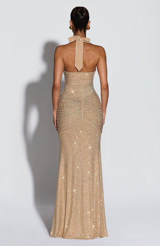 Dazzling Gold Sparkle Maxi Dress with Plunge Halter Neckline