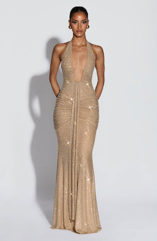 Dazzling Gold Sparkle Maxi Dress with Plunge Halter Neckline
