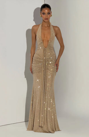 Dazzling Gold Sparkle Maxi Dress with Plunge Halter Neckline