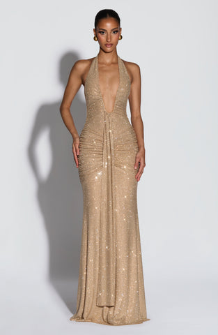Dazzling Gold Sparkle Maxi Dress with Plunge Halter Neckline