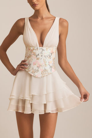 Floral Embellished Mini Dress with Corset Lace-Up Back