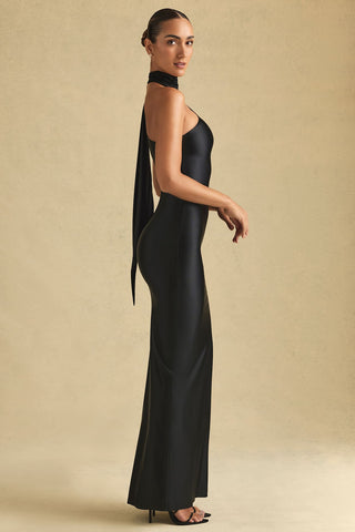 One Shoulder Satin Maxi Dress with Dramatic Side Split & Scarf