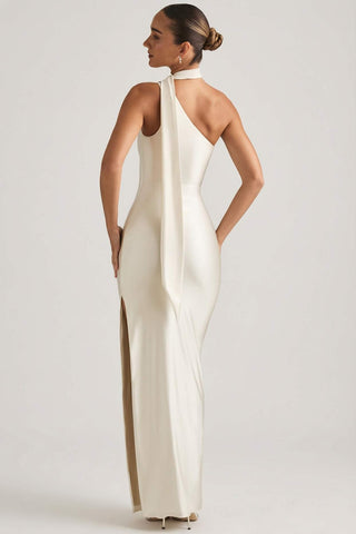One Shoulder Satin Maxi Dress with Dramatic Side Split & Scarf