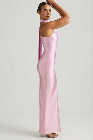 One Shoulder Satin Maxi Dress with Dramatic Side Split & Scarf