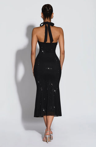 Black Rhinestone Midi Dress for Evening Glamour and Special Occasions
