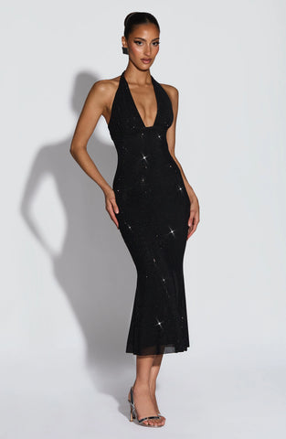 Black Rhinestone Midi Dress for Evening Glamour and Special Occasions