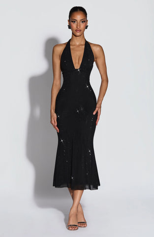 Black Rhinestone Midi Dress for Evening Glamour and Special Occasions