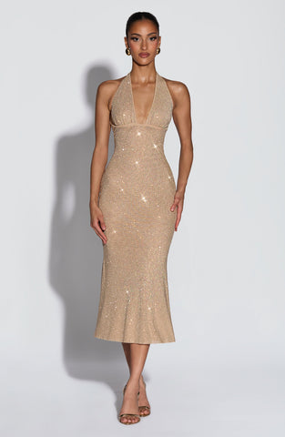 Gold Sequin Midi Dress for Glamorous Evening Elegance