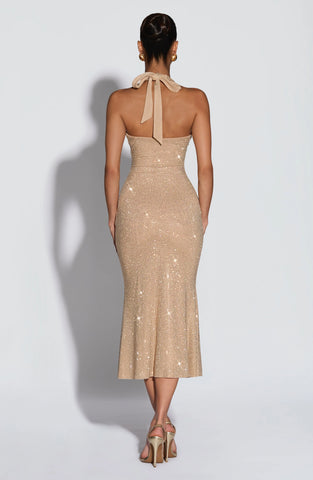 Gold Sequin Midi Dress for Glamorous Evening Elegance