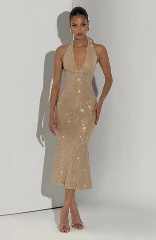 Gold Sequin Midi Dress for Glamorous Evening Elegance