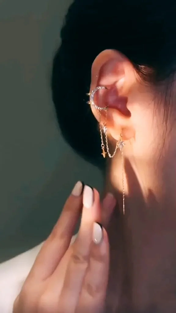 Celestial Moon and Star Ear Cuff with Dangling Tassels