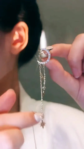 Celestial Moon and Star Ear Cuff with Dangling Tassels