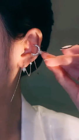 Celestial Moon and Star Ear Cuff with Dangling Tassels
