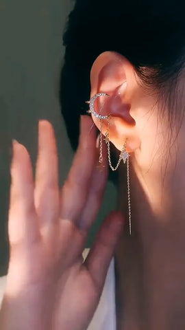 Celestial Moon and Star Ear Cuff with Dangling Tassels