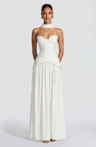 Elegant Ivory Maxi Dress with Sculpted Bodice & Flowing Skirt