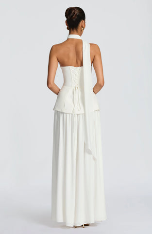 Elegant Ivory Maxi Dress with Sculpted Bodice & Flowing Skirt
